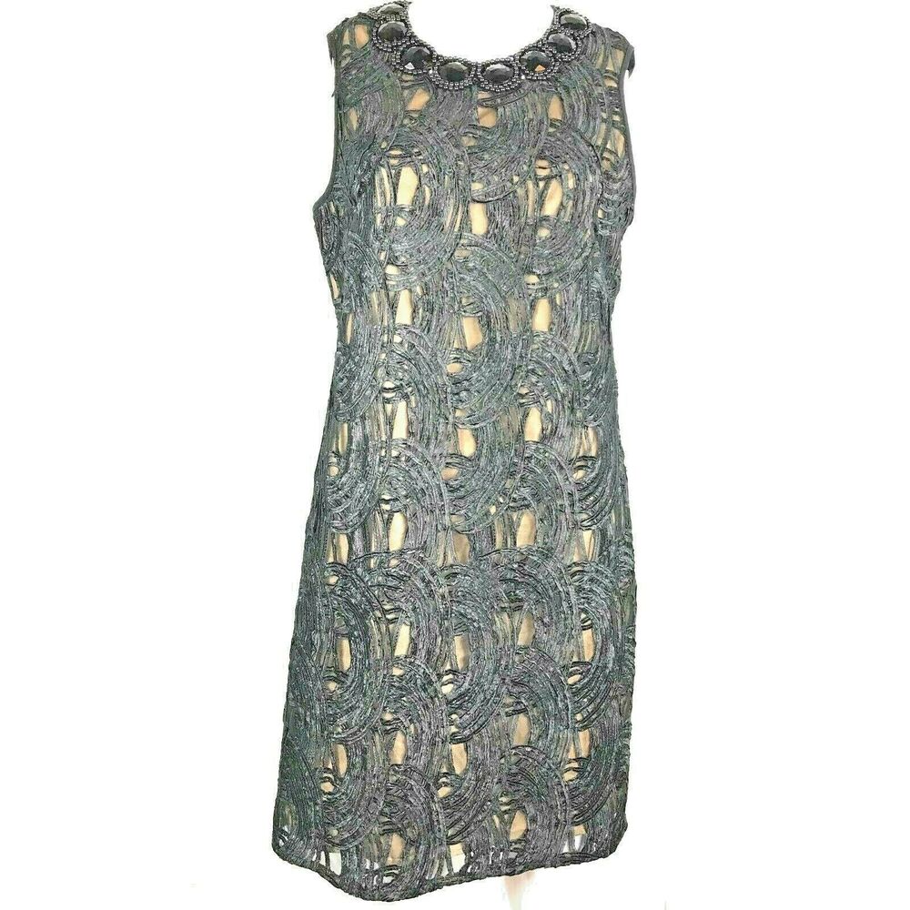 Adrianna Papell Dress Womens Sz 8 Black Nude Lace Beaded Sleeveless Sheath